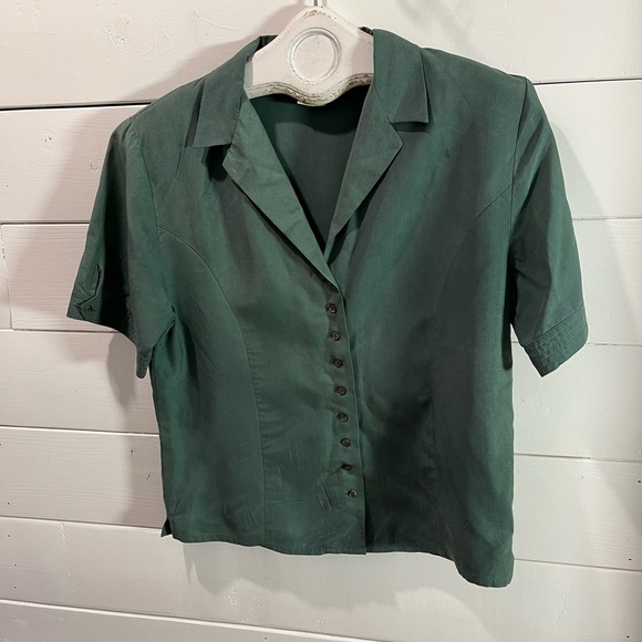 💚 JACOB – Green -Vintage 100% Silk Blouse with Shoulder Pads – Size M - Picture 3 of 11